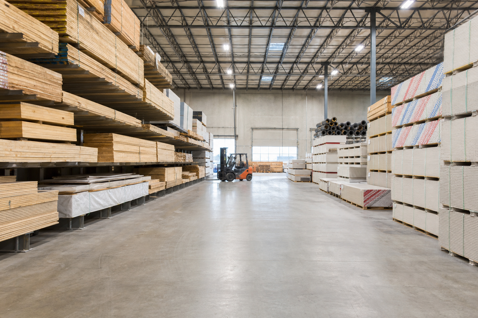 Building materials wholesale warehouse with lumber and construction supplies