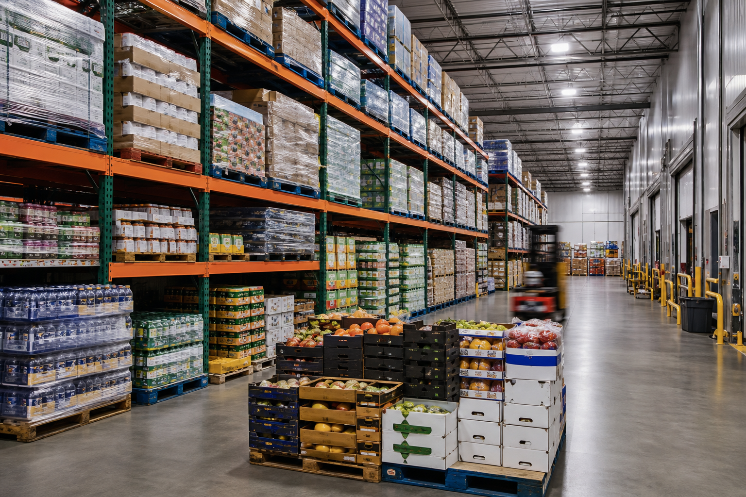 Food and beverage wholesale distribution warehouse with packaged products and inventory