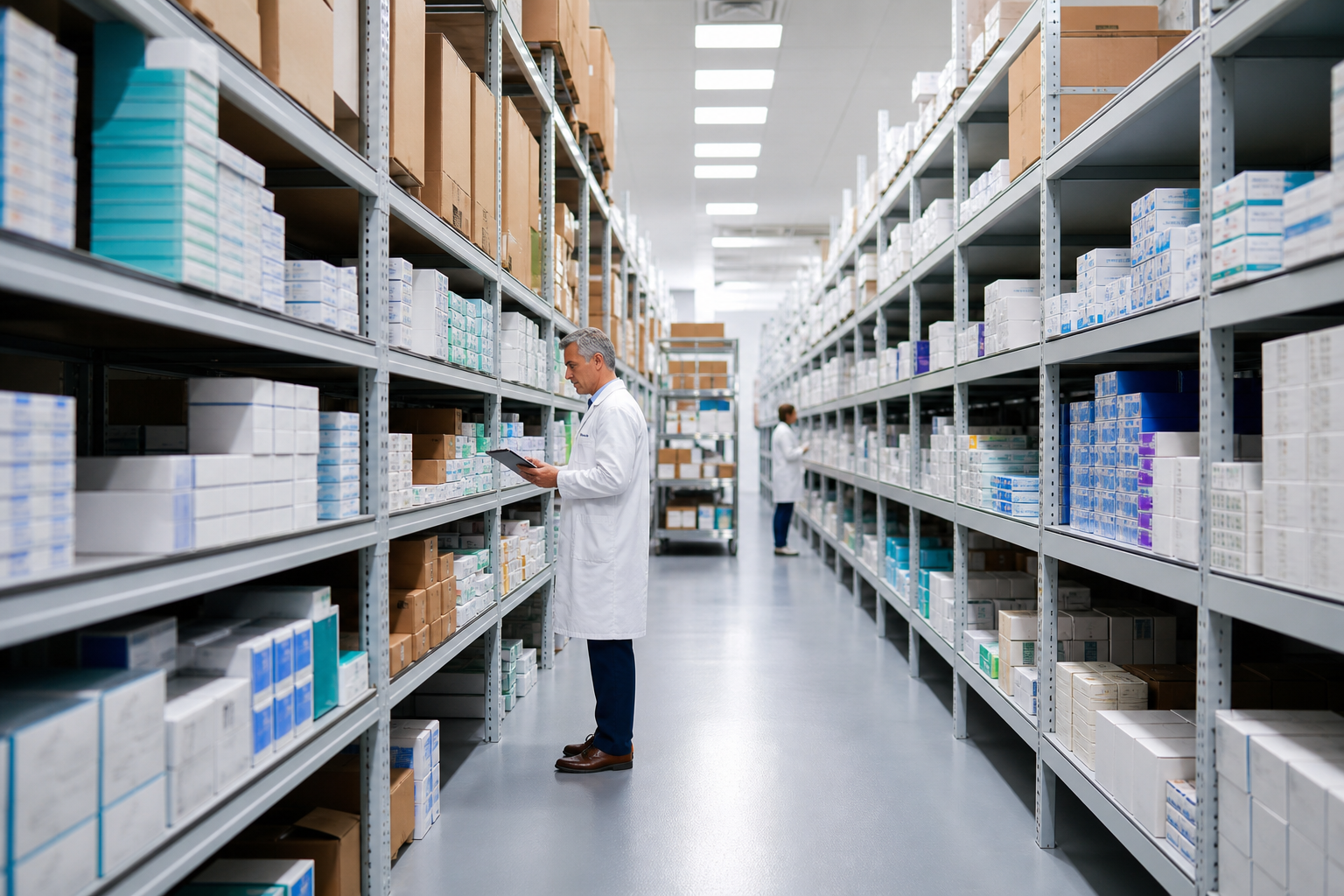 Medical supply wholesale warehouse with healthcare products and inventory