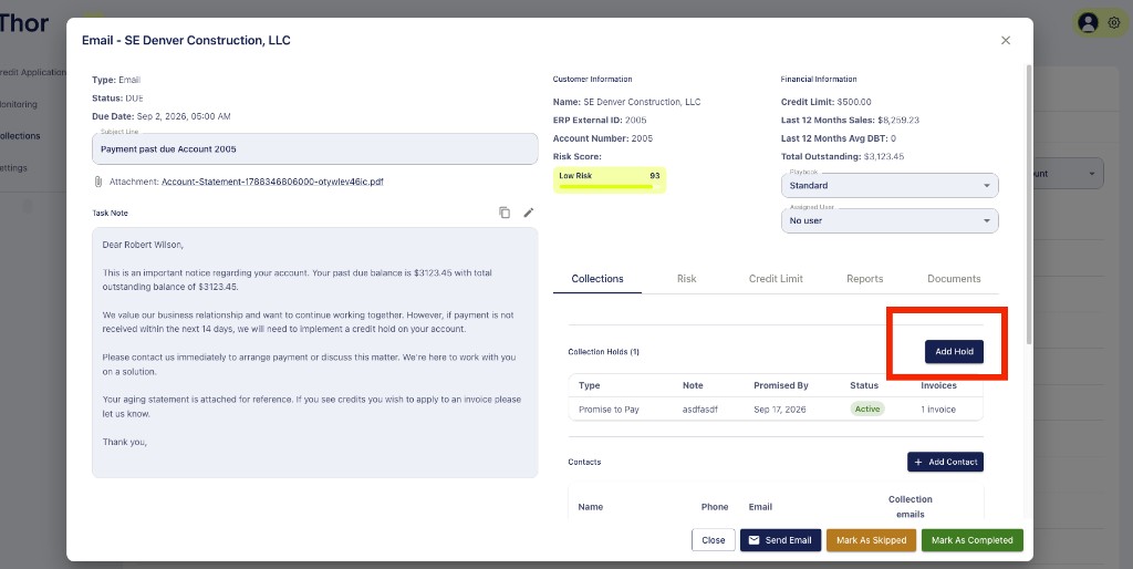 Add Hold button on the customer's Collections tab