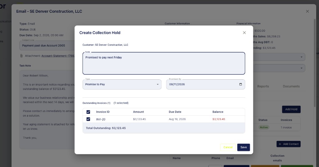 Create Collection Hold form with a note, Promise to Pay, and the invoice selected