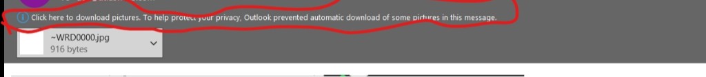 Outlook banner: Click here to download pictures. To help protect your privacy, Outlook prevented automatic download of some pictures in this message.