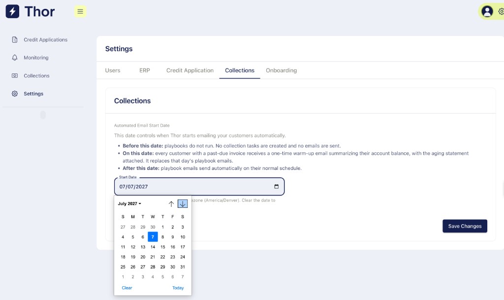 Settings, Collections tab, with a future Automated Email Start Date selected